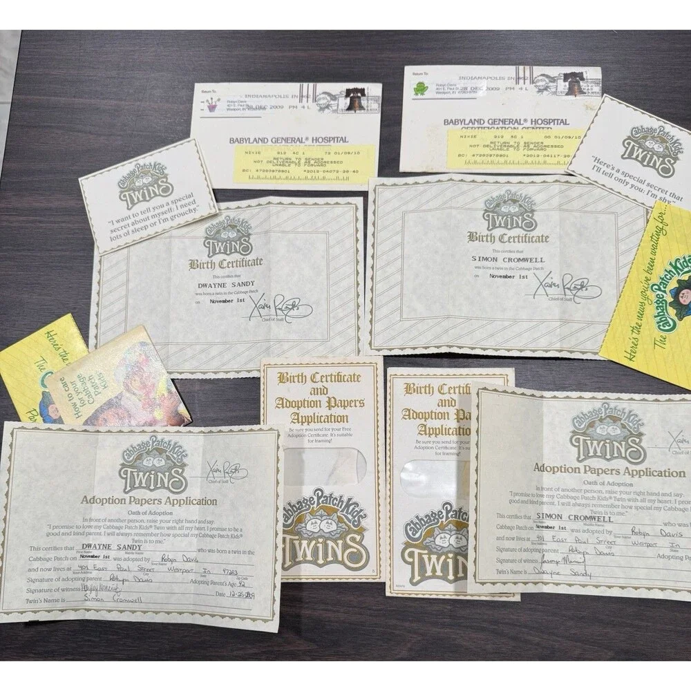 Vintage Cabbage Patch Kids Paperwork Adoption Papers Preemie Twins Birth